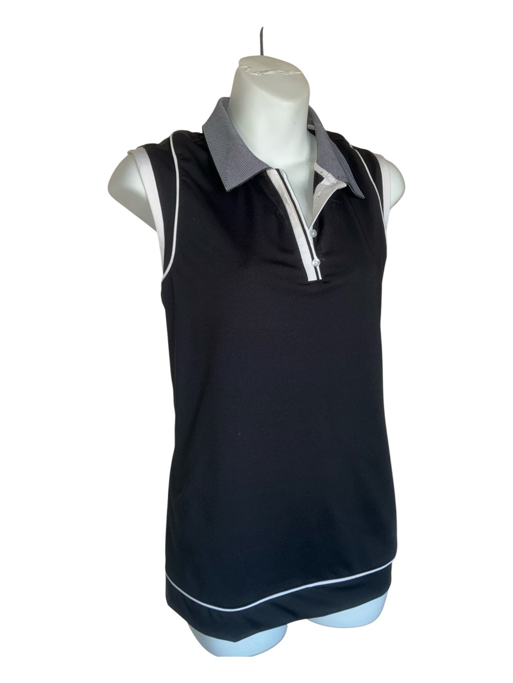 Lady Hagan Golf shirt, women's L, Black Sleeveless Polo with White Trim EUC